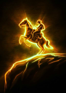 Neon Cowboy on Rearing Horse Silhouette