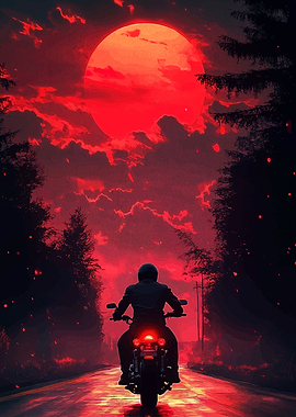 Motorcycle Ride Under Red Moon