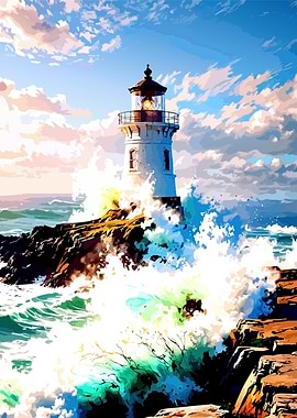 Lighthouse on Rocky Coast with Crashing Waves