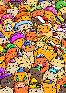 Cute Kawaii Fashion Cats Pattern Art Illustration