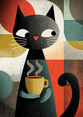 Stylized Cat with Coffee Cup Art