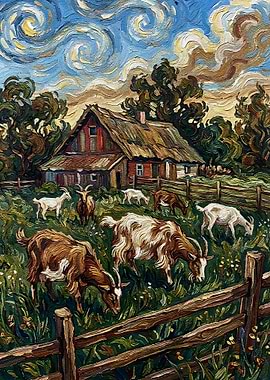 Goats Grazing Near Farmhouse Painting