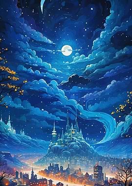 Night Sky Castle Cityscape Painting