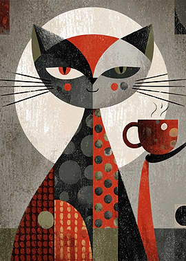 Stylized Cat with Coffee Cup Art