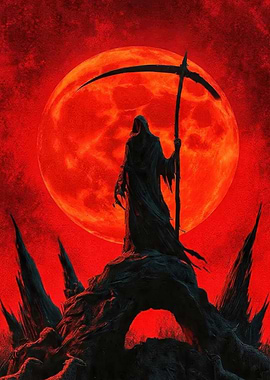 Grim Reaper with Scythe and Red Moon