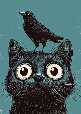 Black Cat with Crow Illustration