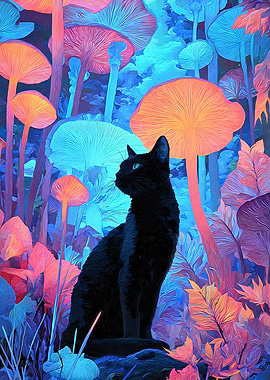 Black cat in a mushroom forest