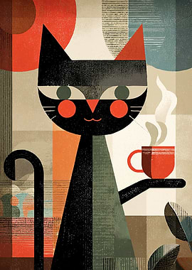 Stylized Cat with Coffee Cup