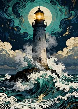 Lighthouse at Night with Waves