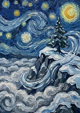 Starry Night Winter Landscape Painting