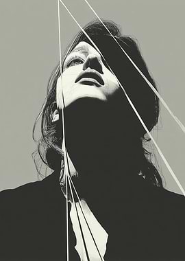 Monochrome Woman Gazing Upward with Lines