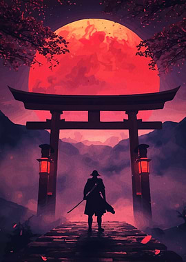 Samurai Silhouette Under Red Moon