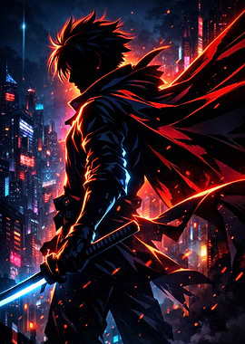 Cyberpunk Samurai in Neon Cityscape