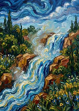 Impressionistic Waterfall Landscape Painting