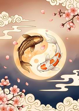 Yin Yang Koi Fish with Cherry Blossoms