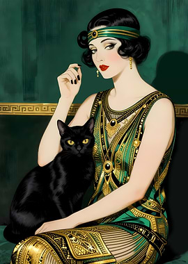Art Deco Woman with Black Cat