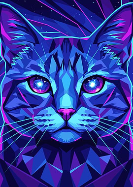 Geometric Cat Portrait with Galaxy Eyes