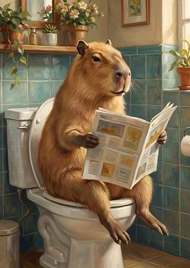Capybara reading newspaper on toilet