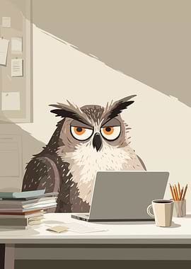 Cartoon Owl Working on Laptop