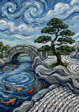 Japanese Garden with Bridge and Koi