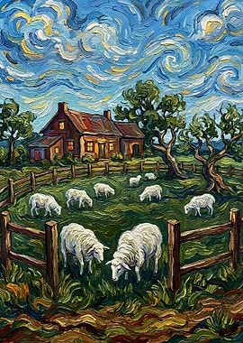 Sheep in a Field Painting