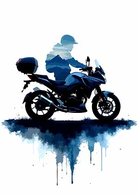 Blue Motorcycle with Mountain Rider Silhouette