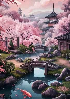 Japanese Garden with Cherry Blossoms