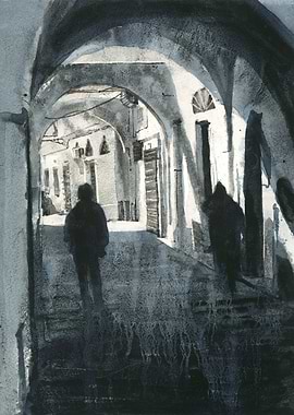 Monochromatic Arched Street Scene with Figures