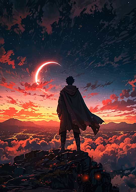 Lone Figure Overlooking a Fiery Landscape