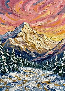 Impasto Winter Mountain Landscape Painting