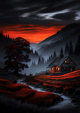 Cabin at Dusk Landscape Painting
