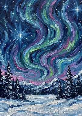 Aurora Borealis Winter Landscape Painting