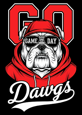 Game Day Bulldog Poster, Sports Dog Wall Art, Red Hoodie Mascot Illustration Print