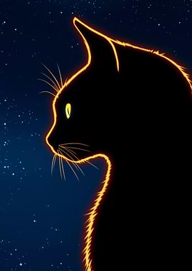 Neon Cat Silhouette on Starry Night