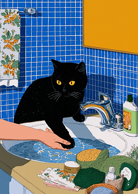 Black cat in bathroom sink illustration