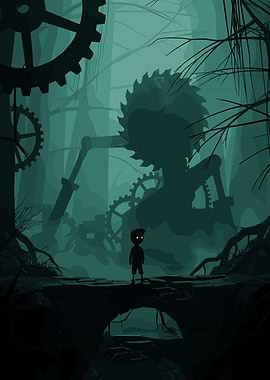 Boy and Mechanical Monster in Forest