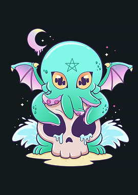Pastel Cthulhu on Skull Illustration