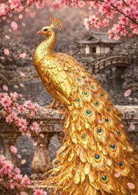 Golden Peacock in Japanese Garden