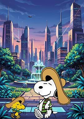 Snoopy and Woodstock in Futuristic City