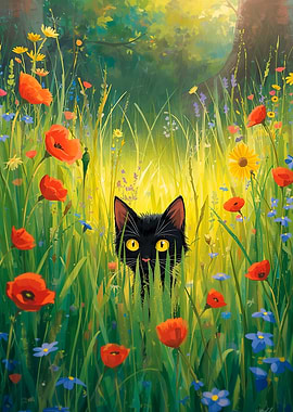 Black Cat in a Flower Field
