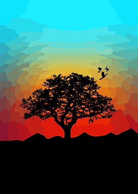 Silhouette Tree Sunset with Birds