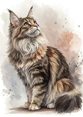 Watercolor Maine Coon Cat Portrait