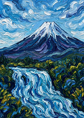 Mount Fuji and Waterfall Painting