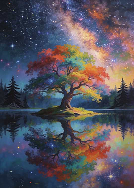 Rainbow Tree Reflection Under Starry Sky