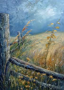 Rustic Fence in a Field Painting