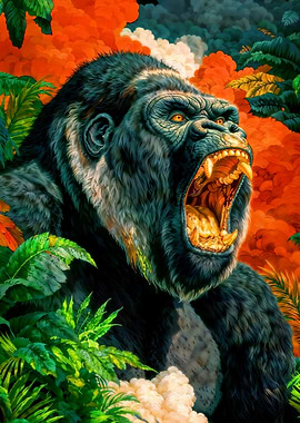 Roaring Gorilla in Jungle Illustration