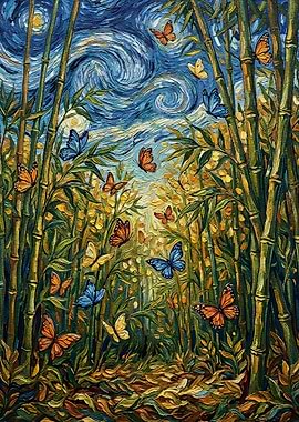 Bamboo Forest with Butterflies Painting