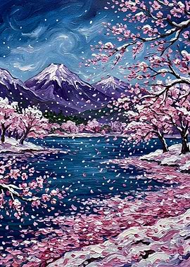 Cherry Blossoms and Snowy Mountains Painting