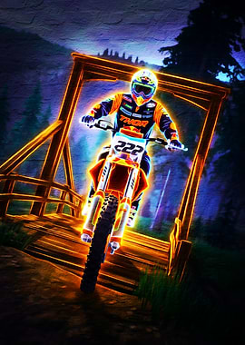 Motocross Rider on Bridge, Neon Effect