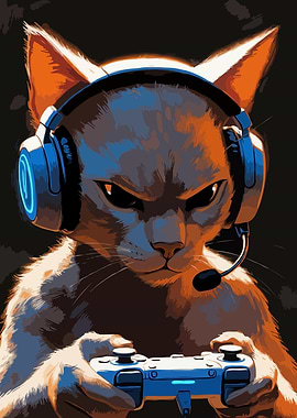 Gamer Cat with Headset and Controller